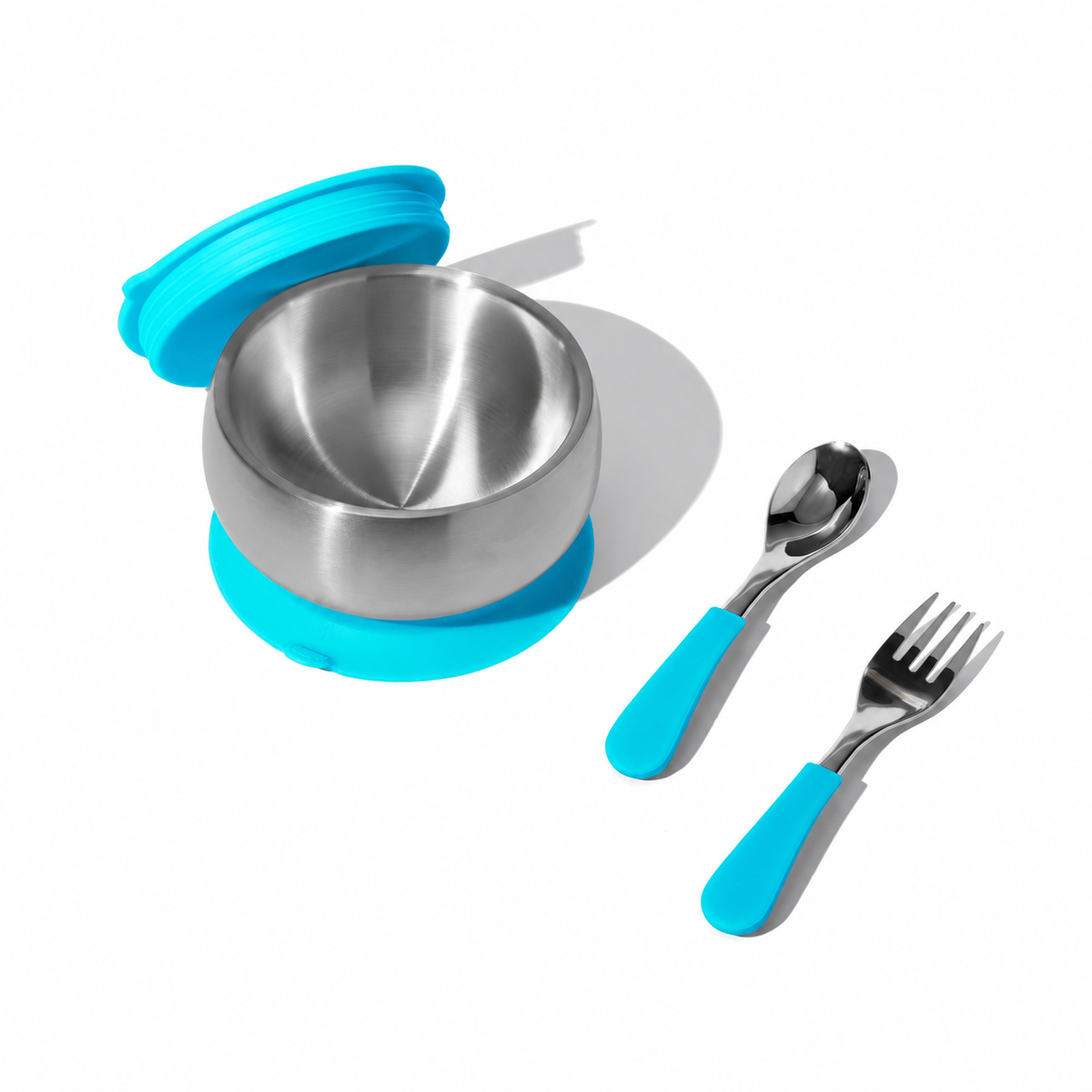 Blue stainless steel baby bowl with matching lid, one fork and one spoon