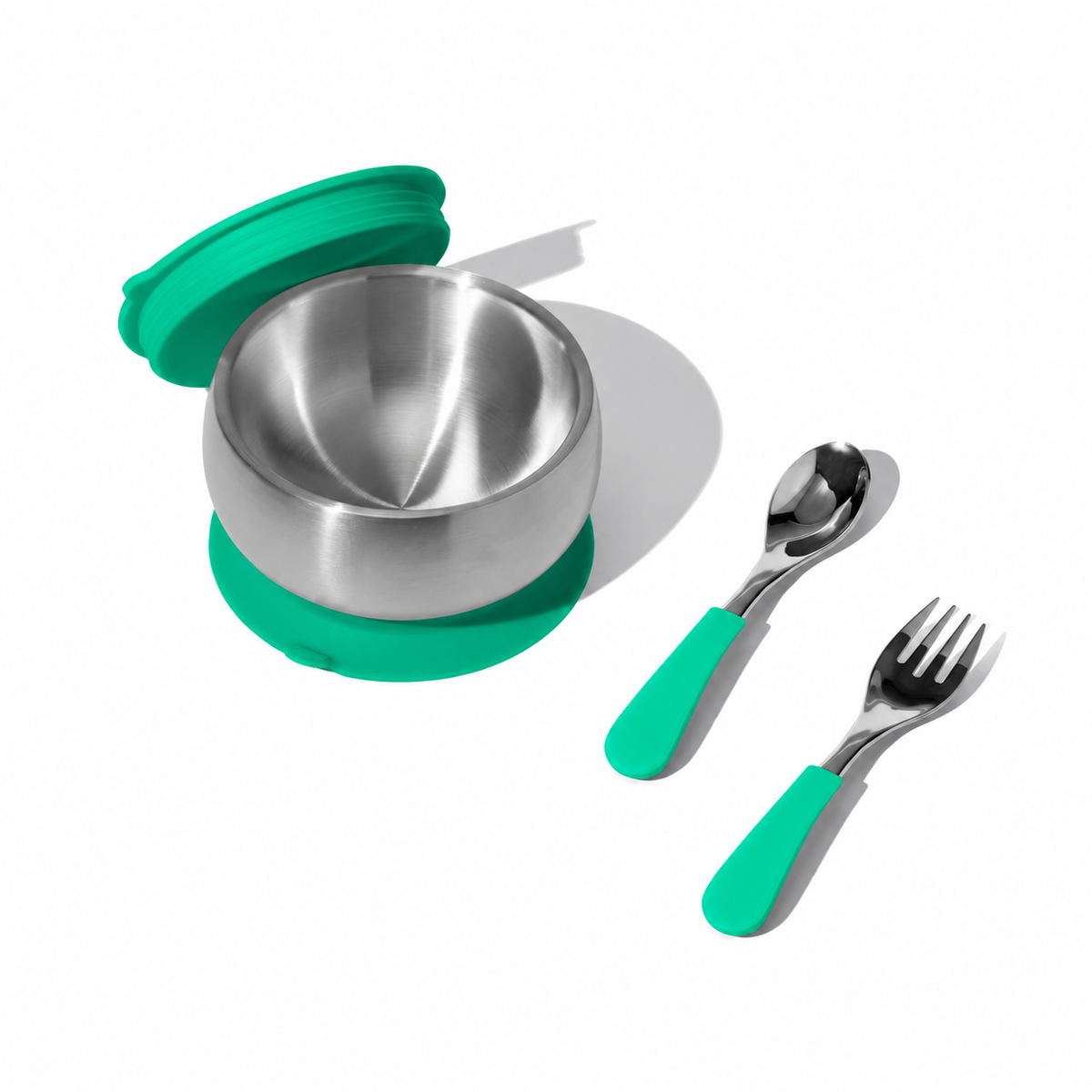 Green stainless steel baby bowl with matching lid, one fork and one spoon