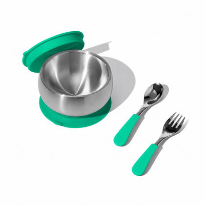 Green stainless steel baby bowl with matching lid, one fork and one spoon