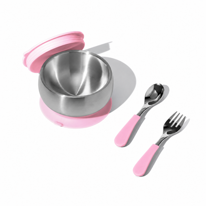 Pink stainless steel baby bowl with matching lid, one fork and one spoon