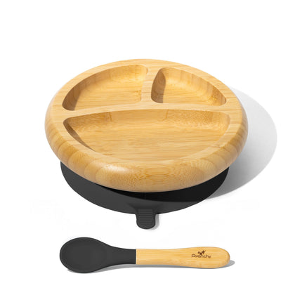 Bamboo Baby Plates - BLW Removeable Silicone Suction Cup Divided Plate + Spoon Set - Avanchy Sustainable Baby Dishware