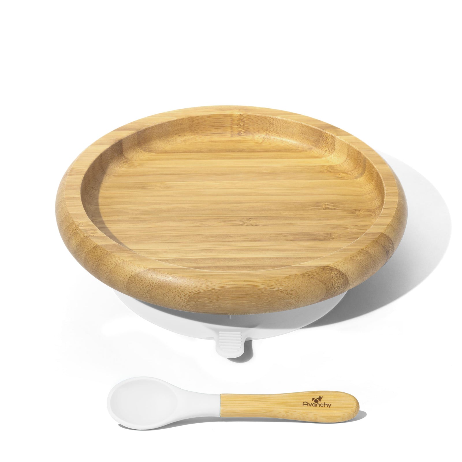 Bamboo Classic Plates - BLW Removeable Silicone Suction Cup Open Plate + Spoon Set - Avanchy Sustainable Baby Dishware