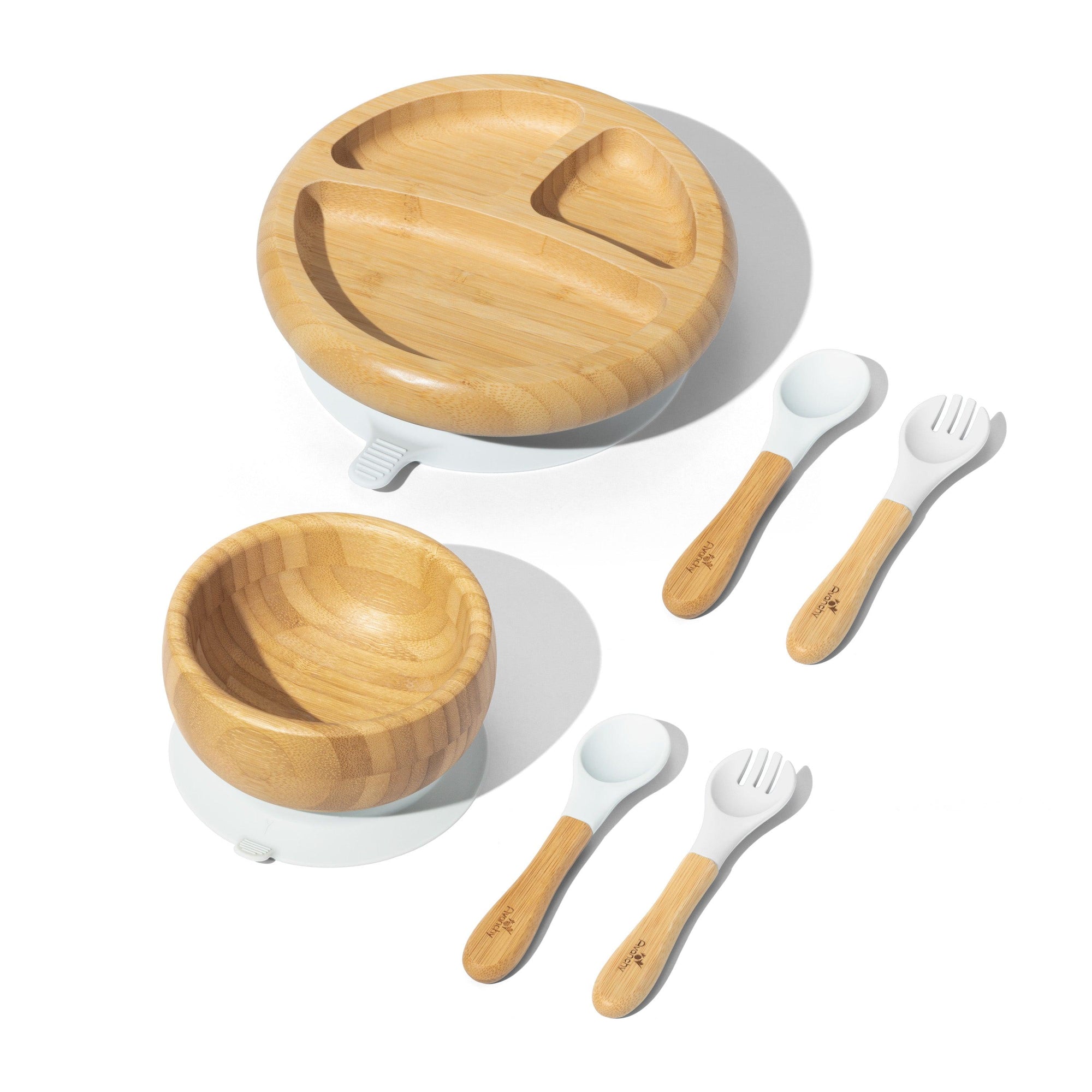 Bamboo Starter Bundle - BLW Removable Suction Baby Feeding Set: Bowl, Plate, Spoons, and Forks - Avanchy Sustainable Baby Dishware