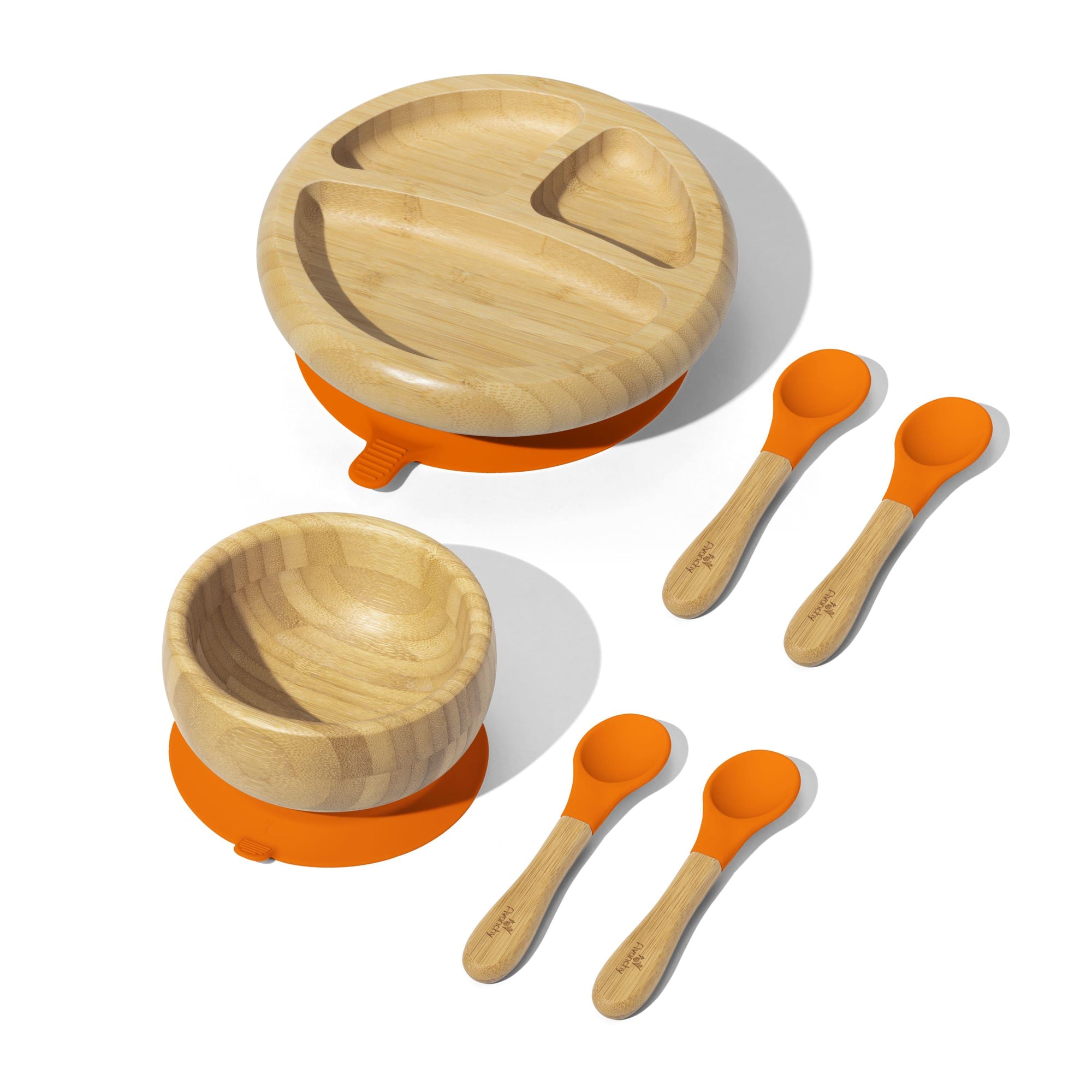 Bamboo Starter Bundle - BLW Removable Suction Baby Feeding Set: Bowl, Plate, Spoons, and Forks - Avanchy Sustainable Baby Dishware