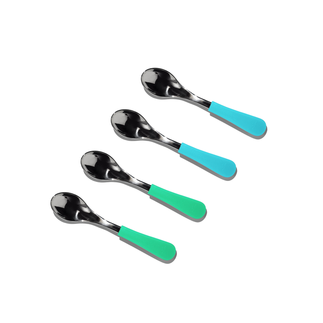 4 stainless steel baby spoons: 2 green and 2 blue