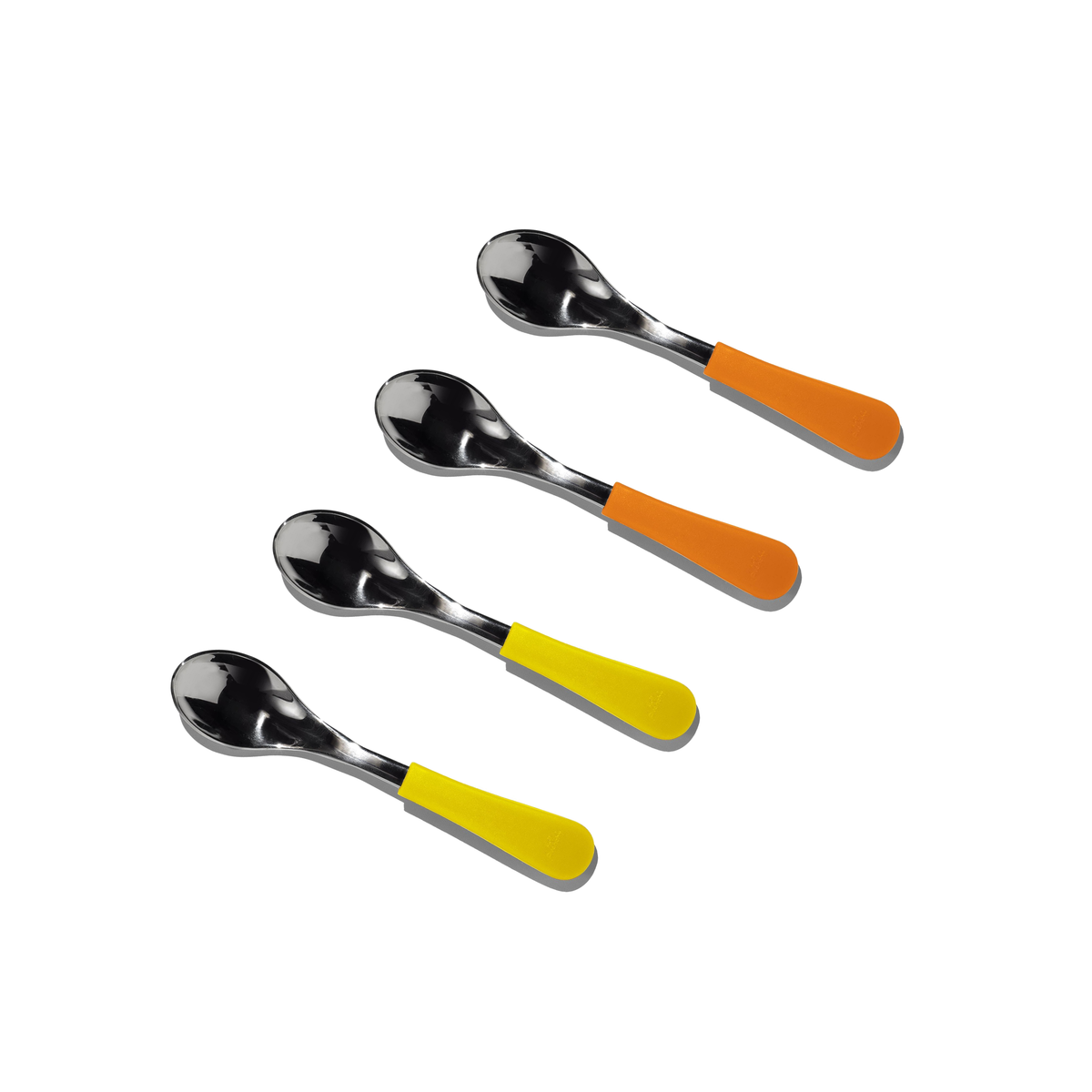 4 stainless steel baby spoons: 2 yellow and 2 orange