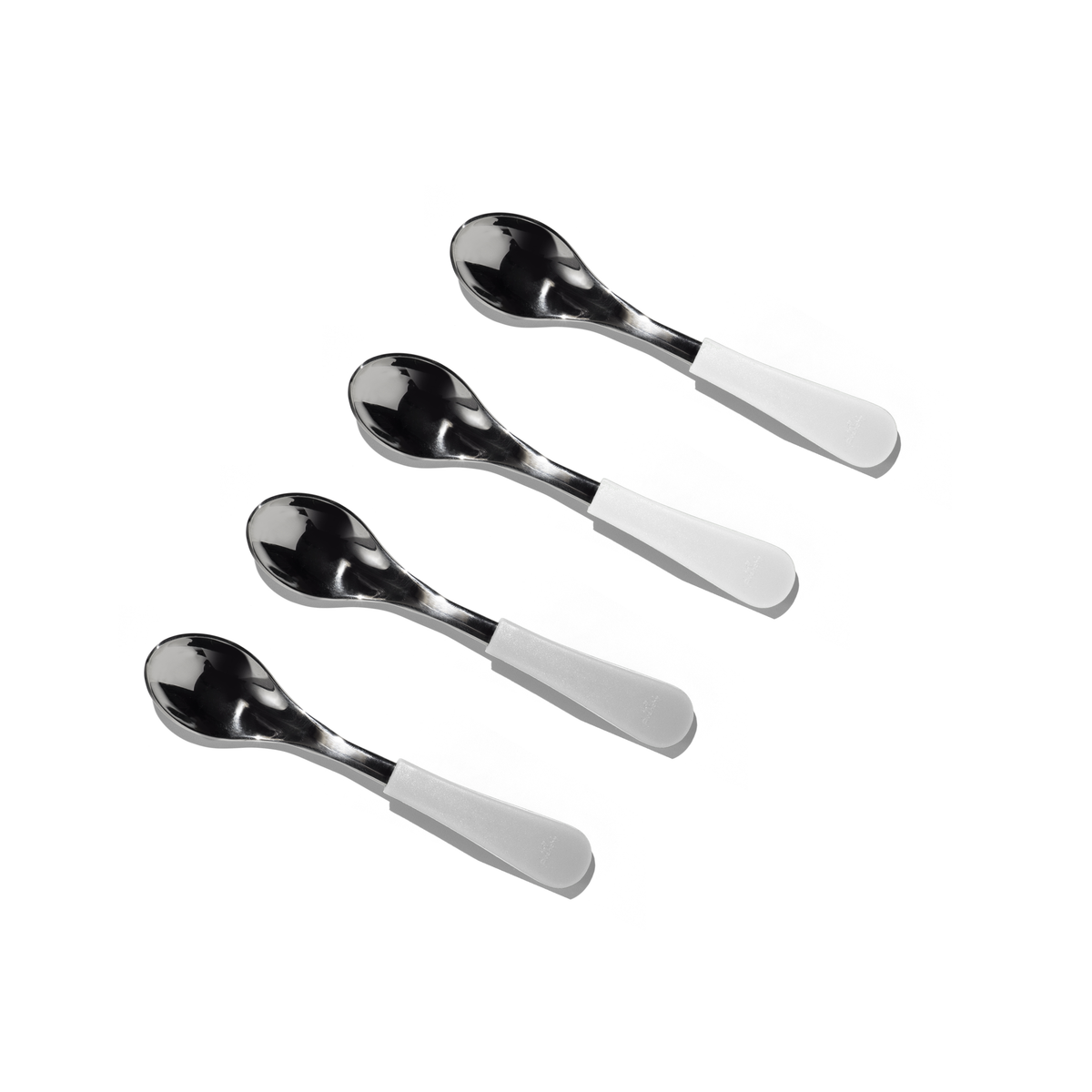 4 stainless steel baby spoons: 2 neutral gray and 2 white