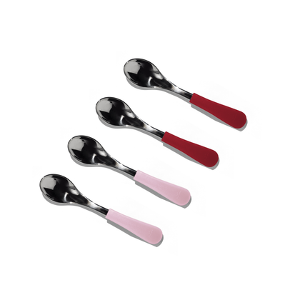 Four stainless steel baby spoons with silicone handles: two pink and two magenta