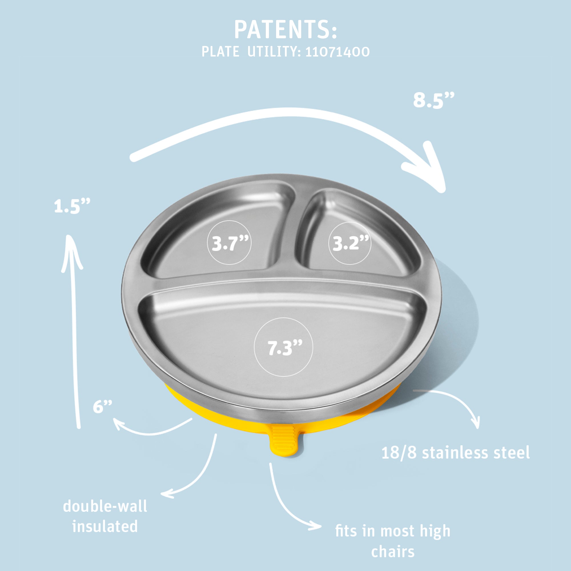 Stainless Steel Baby Plates - BLW Removeable Silicone Suction Cup Divided Plate - Avanchy Sustainable Baby Dishware